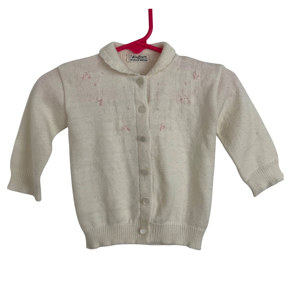 Vintage 60s Knitown Baby Cardigan White Pink Embroidered Orlon Knit Sweater‎